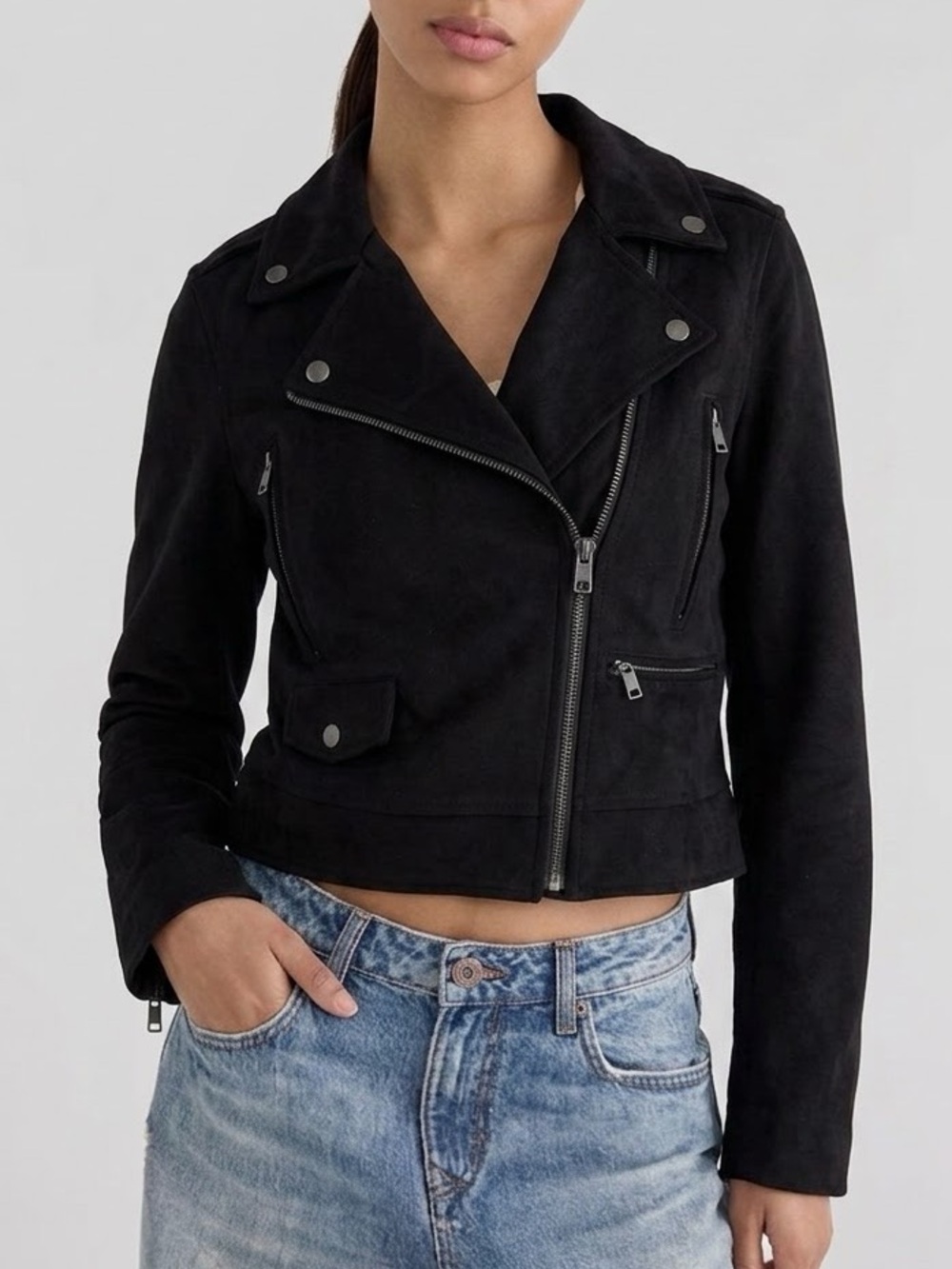 Banana Republic Black Faux Suede Leather Moto Jacket Womens Small Vegan Zip Goth